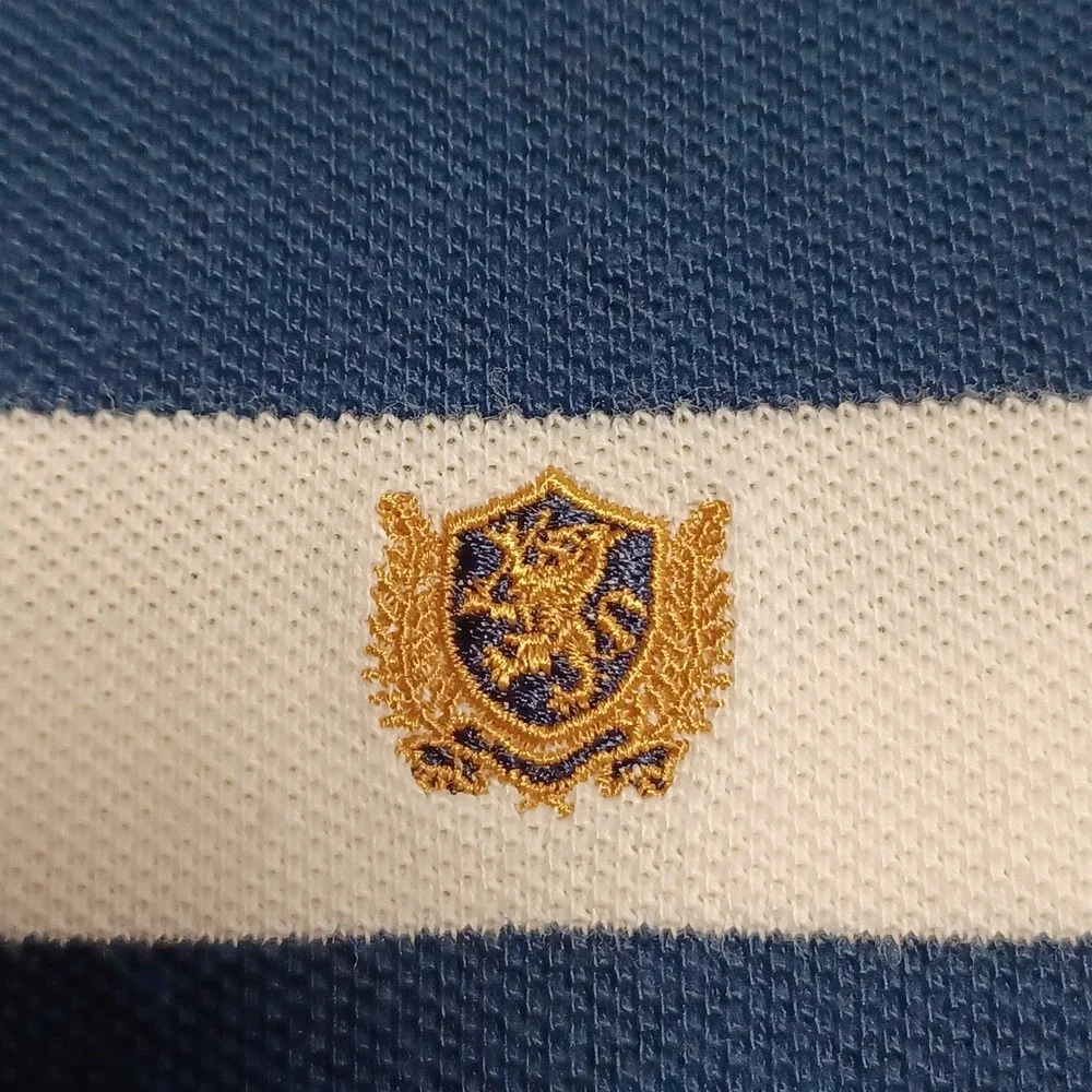 Fahrenheit Rugby Mens Blue White Striped Short Sleeve Polo Shirt Size M‎ Crest